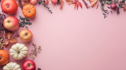 Fototapeta premium Cozy Thanksgiving Decor with Pumpkins, Apples, and Herbs on Mauve Background with Copy Space and Morning Light