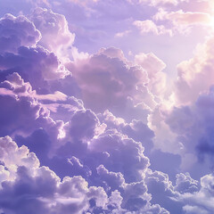 Dreamy Sunset Sky with Fluffy Purple Clouds Illuminated by Golden Light, Creating a Serene and Ethereal Atmosphere.