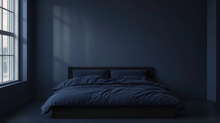 Mock up frame in a minimalist room with deep navy walls and a sleek black bed