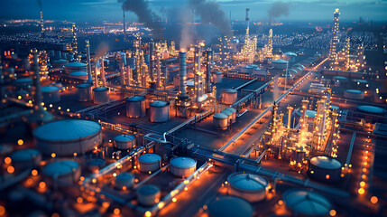Fototapeta premium Oil refinery plant for crude oil industry on desert in evening twilight, energy industrial machine for petroleum gas production background