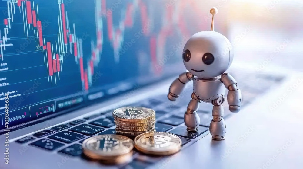 Poster cute robot with bitcoin on laptop displaying charts