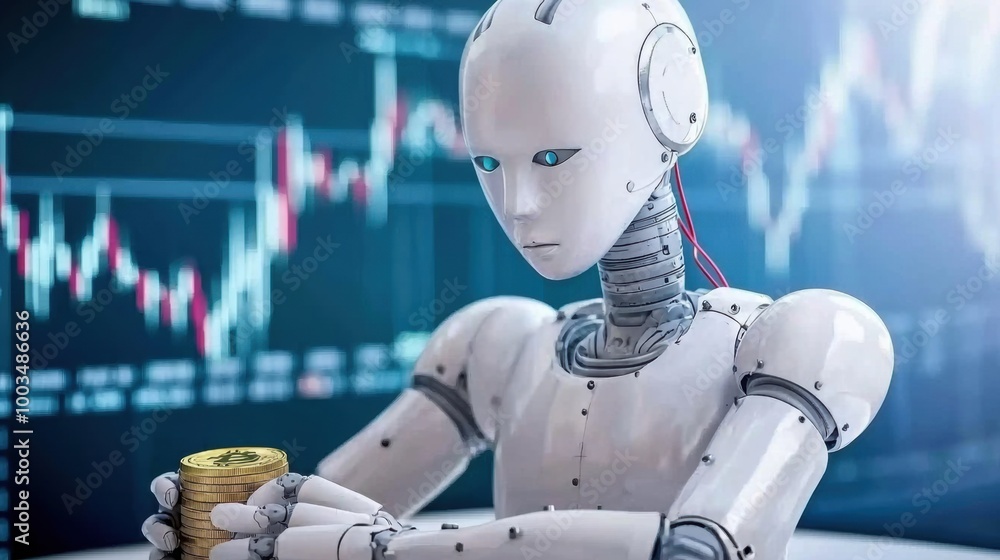 Poster robot analyzing cryptocurrency in digital market setting