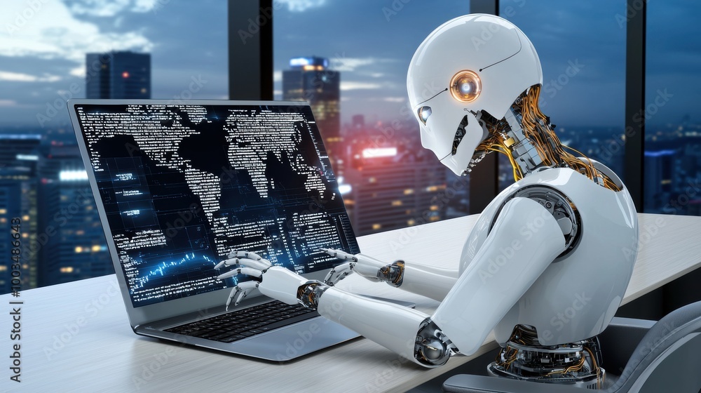 Aufkleber robot analyzing data in modern office environment