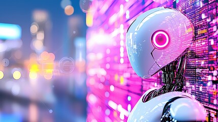 Fototapeta premium Futuristic Robot with Neon Background in Urban Setting