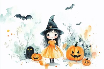 Fototapeta premium Watercolor adorable halloween girl