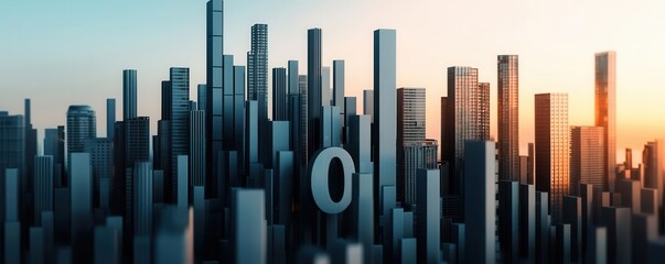 Obraz premium Abstract cityscape with falling percentage signs, symbolizing economic relief through interest rate cuts, digital art