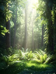 Obraz premium Sunbeams shine through the canopy of trees in a lush, green forest, illuminating ferns on the forest floor.