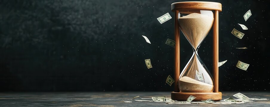 Abstract concept of an hourglass with currency symbols falling, symbolizing economic relief through time