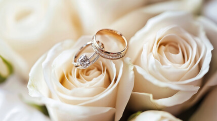 A bouquet of white roses with wedding rings placed on top.