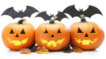 Creative arrangement of pumpkins and bat silhouettes on a clean white background with room for copy. No people, no logo.