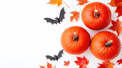 Fototapeta premium Creative flat lay of Halloween-themed pumpkins and bats on a white background with space for copy. No people, no logo.
