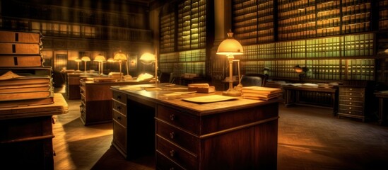 Illuminated Desk in a Dimly Lit Library