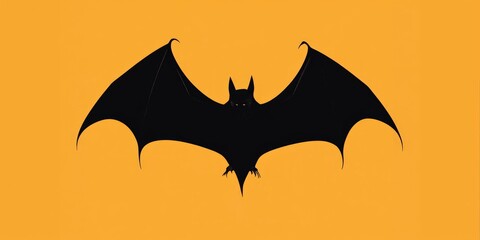 A striking black bat silhouette against a vibrant orange background creates a haunting atmosphere perfect for Halloween decorations or seasonal artwork. Halloween background, copy space.