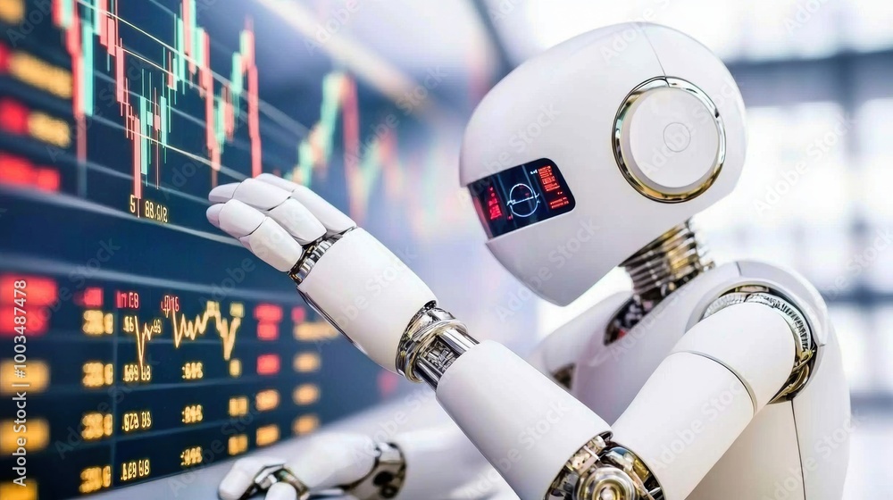 Poster robot analyzing stock market data on digital screen