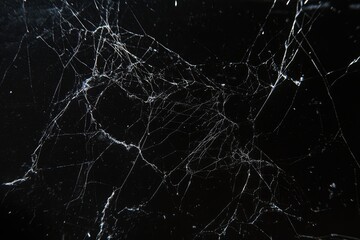 A delicate spider web glimmers in the dark corner, capturing the essence of nature's artistry in high contrast during twilight hours. Halloween background.