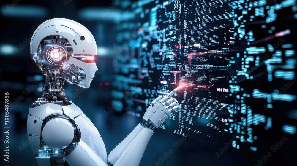 Poster futuristic robot interacting with digital interface