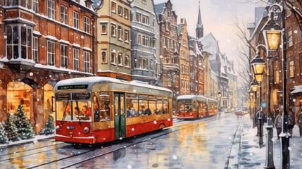 Festive Christmas card. Landscape, old tram in the street. Old city, A snow-covered city, watercolor in retro style, a festive atmosphere of winter holidays.