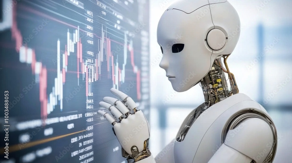 Poster robot analyzing financial data on digital display