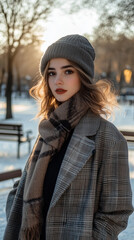 A fashionable young woman in a stylish winter coat, scarf, and hat, posing in a city park with snow-covered trees and benches in the background