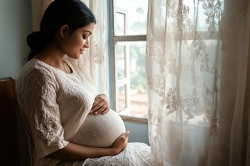 Maternal Serenity: pregnant Indian woman, grace of impending motherhood, portrayed in traditional clothing with cultural motifs, reflecting joy, significance of this special time in her life.