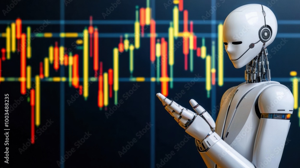 Poster robot analyzing stock data with candlestick chart
