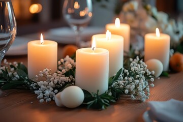 Elegant candle centerpiece with flowers and greenery