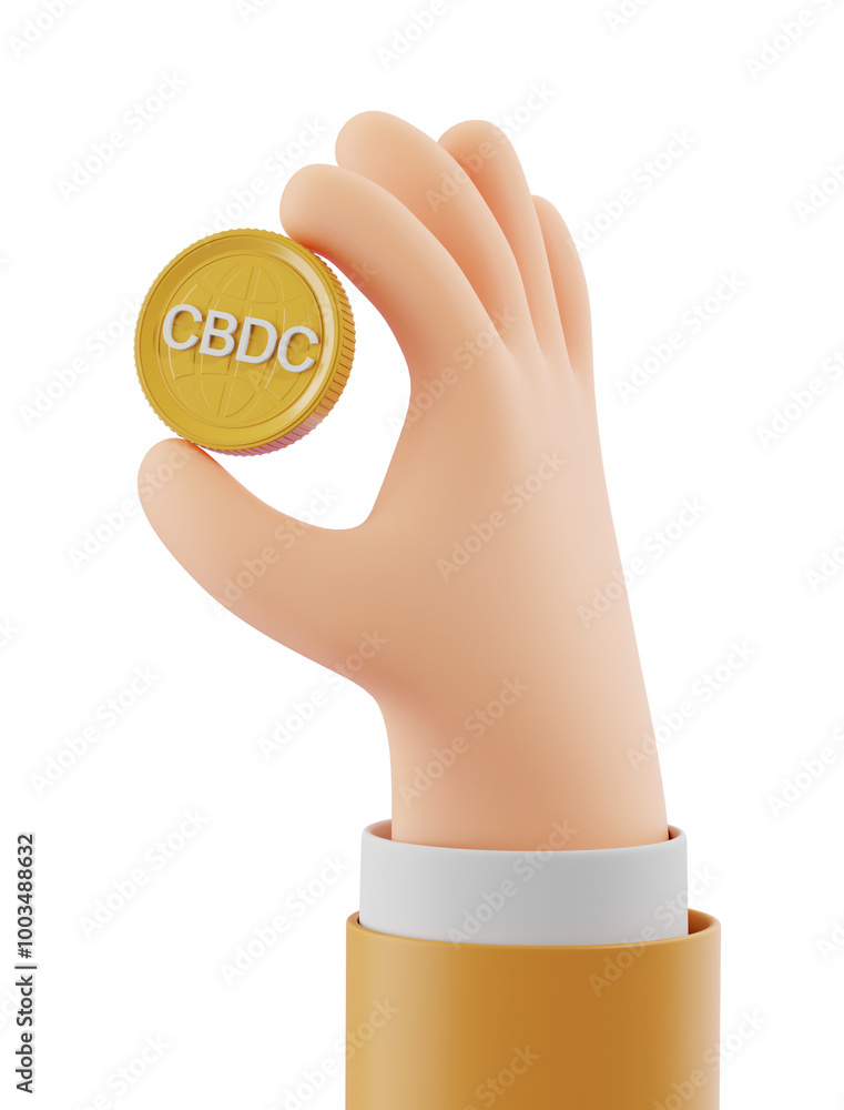 Poster 3d rendering of a hand holding a gold coin with cbdc on it, isolated on a white background. concept 
