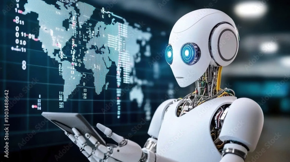 Poster futuristic robot interacting with technology and data