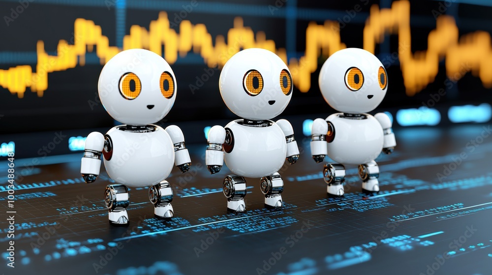 Poster three cute robots with data visualization background