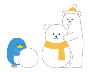 雪だるまを作る白熊とペンギンのベクターイラスト。冬、帽子、シロクマ、ホッキョクグマ