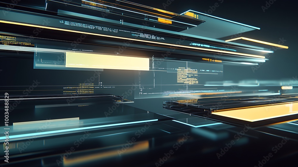 Poster abstract futuristic background with glowing neon lines and digital elements.