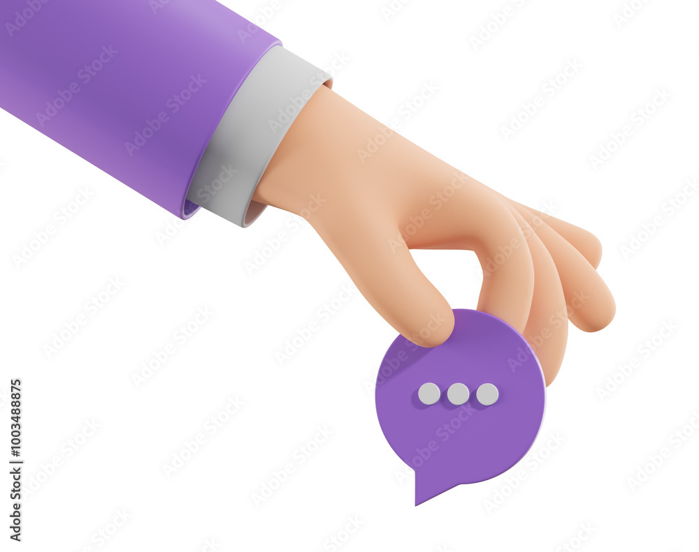 Poster a hand holding a purple chat bubble icon with three dots. 3d rendering. isolated on a white backgrou