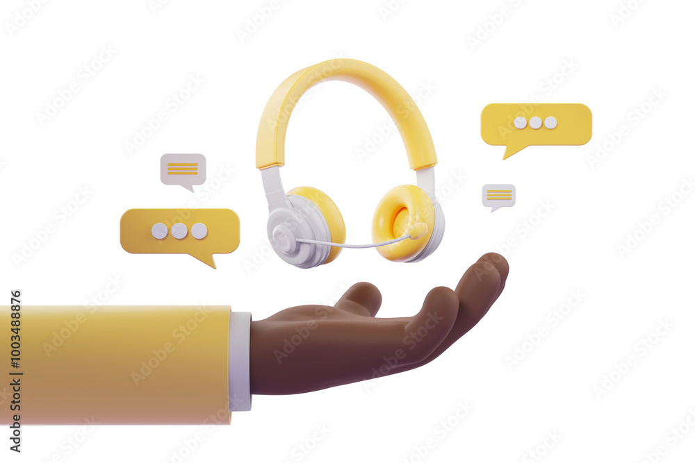 Poster 3d rendering of a hand holding yellow headphones with chat bubbles, isolated on white background. co