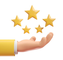 A hand in a yellow sleeve holding five golden stars, 3D rendering, isolated on a white background, concept of rating and quality