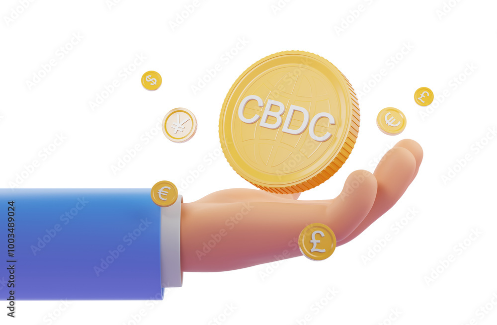 Poster 3d rendering of a hand holding a large cbdc coin with various international currency symbols floatin
