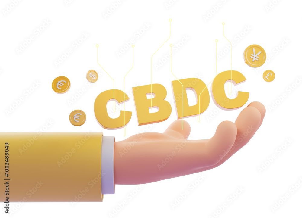 Poster cbdc letters and various currency symbols on coins held by a hand, 3d rendering on an isolated white