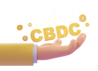 CBDC letters and various currency symbols on coins held by a hand, 3D rendering on an isolated white background, concept of digital currency