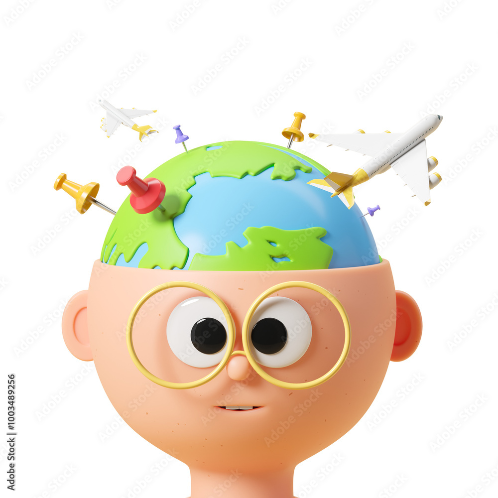 Poster Cartoon head with a globe and travel elements like pins and airplane models on a white background. Concept of travel and exploration. 3D Rendering