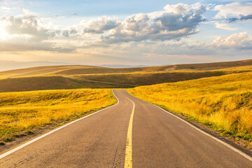 Asphalt road highway and beautiful grassland nature landscape in autumn season. Road trip.