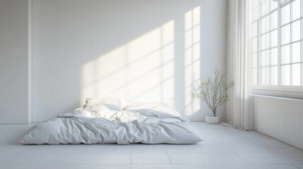 Bedroom with Clean Bedding and Minimalist Design: A minimalist bedroom mockup with clean bedding and a simple design.