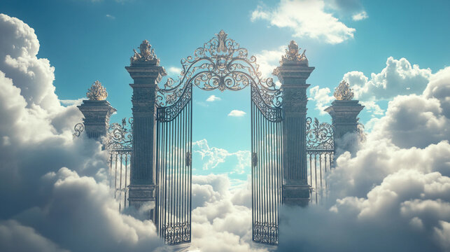 Artistic representation of Heaven pearly gates set in clouds in a bright blue sky