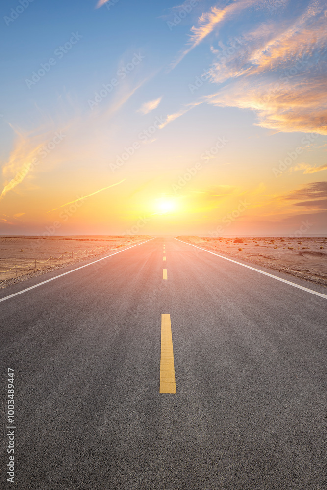 Wall mural Asphalt highway road and desert with beautiful sky clouds natural landscape at sunset. Road trip.