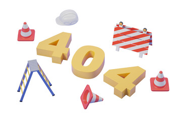 3D rendering of a 404 error with construction elements including cones, barriers, a helmet, and a ladder on a white background. Concept of page not found