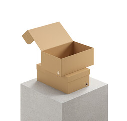 Open cardboard box on a concrete pedestal. 3D rendering, isolated on a white background. Concept of packaging, storage, and shipping