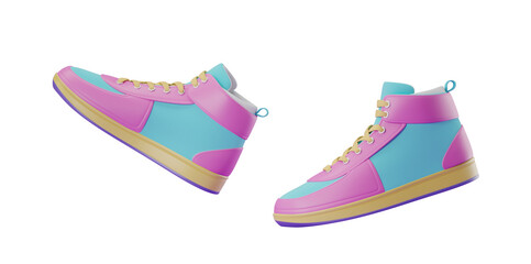 A pair of colorful high-top sneakers isolated on a white background. 3D rendering concept of modern footwear