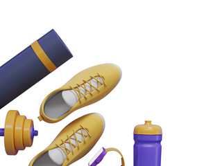 Various fitness accessories including shoes, a water bottle, a dumbbell, and a yoga mat arranged on a white background. 3D Rendering