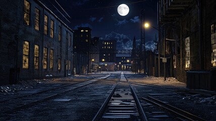 Fototapeta premium A Moonlit Alleyway with Train Tracks Leading to a Distant Cityscape