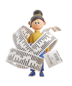 Cartoon woman with glasses holds a lengthy receipt and an electricity bill, wearing casual clothes. Isolated on a white background. Concept of expenses. 3D Rendering