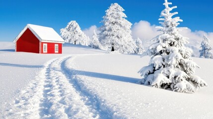 Snowy Landscape with Red Cabin and Pine Tree