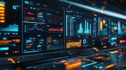 Fototapeta premium Illuminated Project Management: Futuristic 3D Software Dashboards in Dark Workspace
